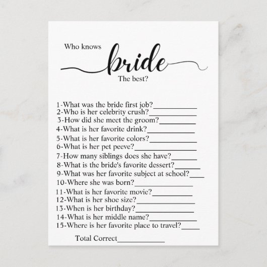 Wie kent de bruid het best bruidsshowerspel briefkaart (Voorkant)