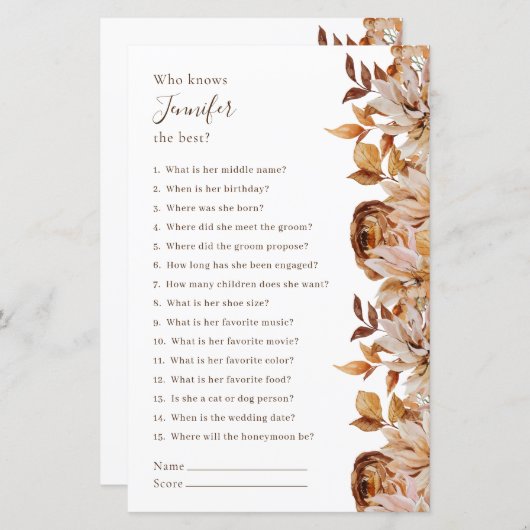 Wie kent de bruid het best bruidsspel (Voorkant / Achterkant)