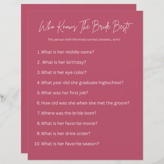 Wie kent de bruid het beste? partyspel (Voorkant / Achterkant)