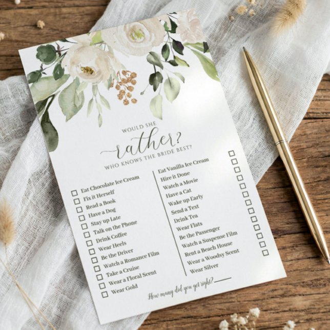 Wie kent de bruid het beste 'Zou zij liever' Douch (Bridal shower game - Would she rather - White watercolor floral sage greenery)