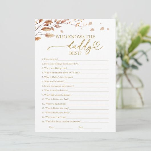 Wie kent de Daddy Best Herfst Baby shower Game Kaart (Staand voorkant)