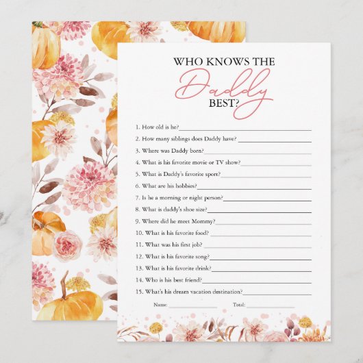 Wie kent de Daddy Best Herfst Baby shower Game Kaart (Voorkant / Achterkant)