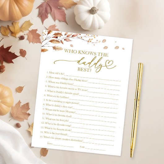 Wie kent de Daddy Best Herfst Baby shower Game Kaart