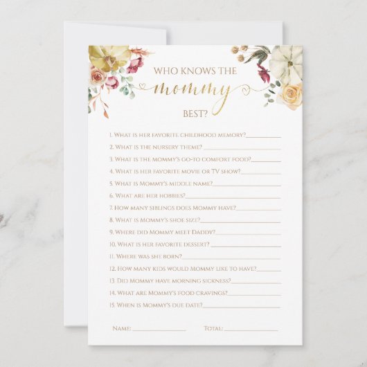 Wie kent de mama beste Herfst Baby shower spel Kaart (Voorkant)