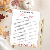 Wie kent de mama beste Herfst Baby shower spel Kaart