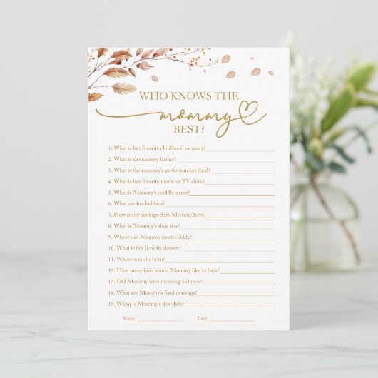 Wie kent de mama beste Herfst Baby shower spel Kaart (Staand voorkant)