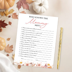 Wie kent de mama het beste Herfst Baby Shower Spel Kaart