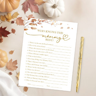 Wie kent de mama het beste Herfst Baby Shower Spel Kaart