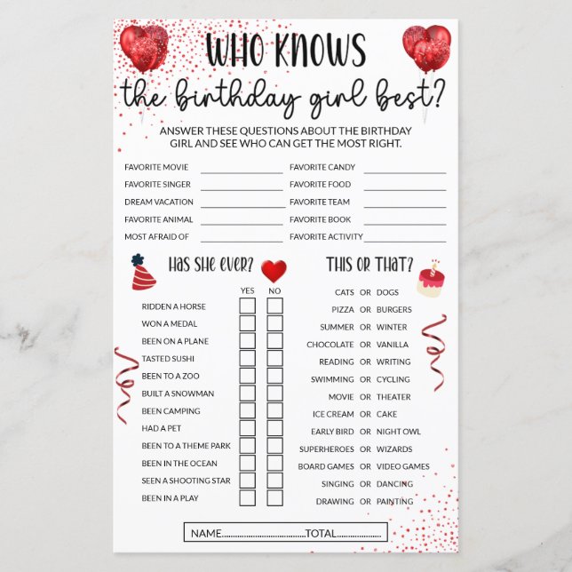 Wie kent de verjaardag meisje beste games - rood t (Voorkant)