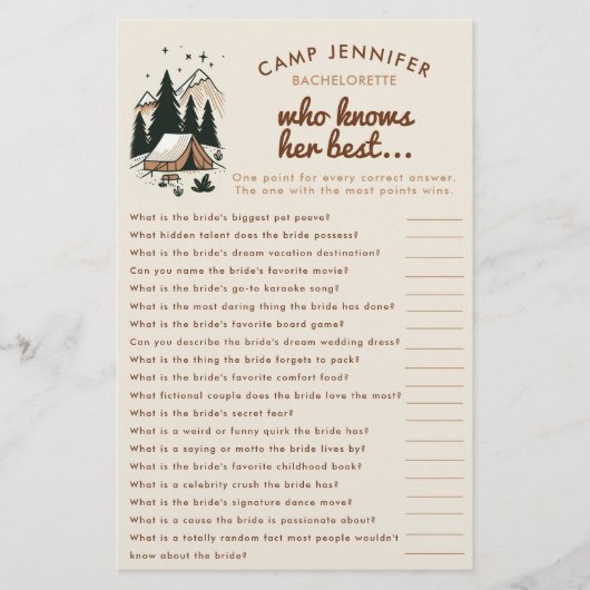 Wie kent haar beste Camp Bachelorette Party spel Flyer (Voorkant)