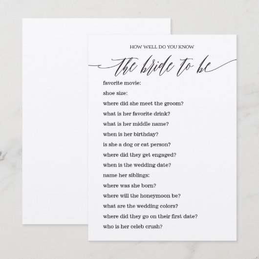 Wie kent het beste spel van het Vrijgezellenfeest  Informatiekaartje (Voorkant / Achterkant)