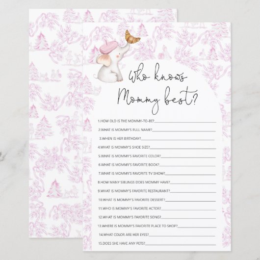 Wie kent het beste Toile Baby shower Game (Voorkant / Achterkant)