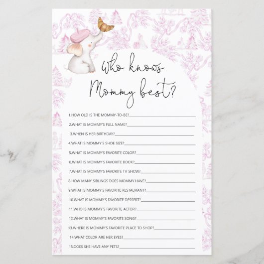 Wie kent het beste Toile Baby shower Game (Voorkant)