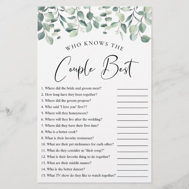 Wie kent het Couple Best Greenery Shower Game (Voorkant)