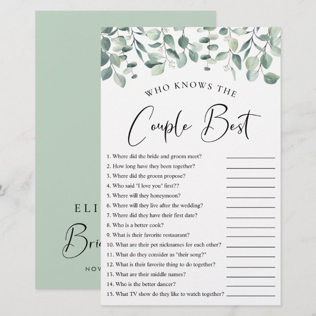 Wie kent het Couple Best Greenery Shower Game (Voorkant / Achterkant)