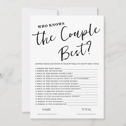 Wie kent het paar beste eenvoudige bruids spel Kaa Kaart (Voorkant)