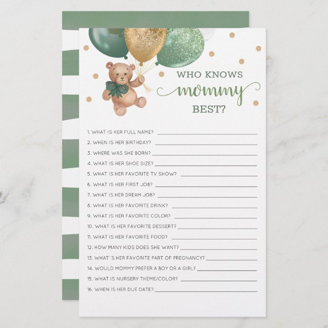 Wie kent mama Best Game Baby shower Teddy Bear (Voorkant / Achterkant)