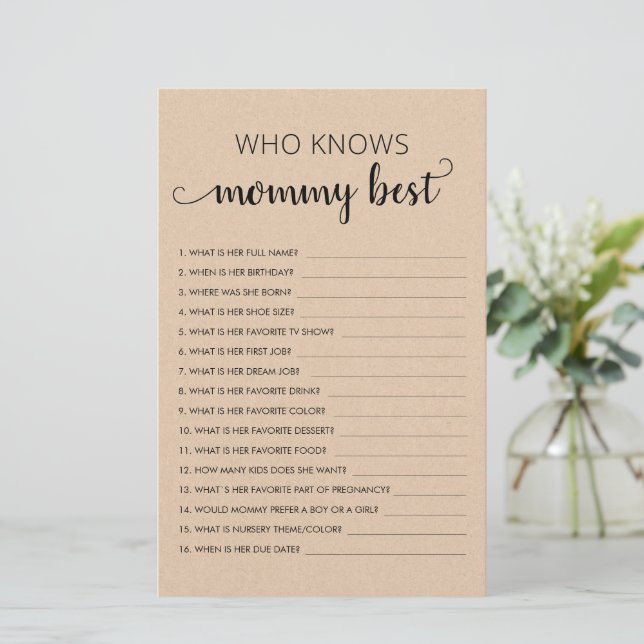 Wie kent mama Best? Gepersonaliseerd Baby shower (Staand voorkant)