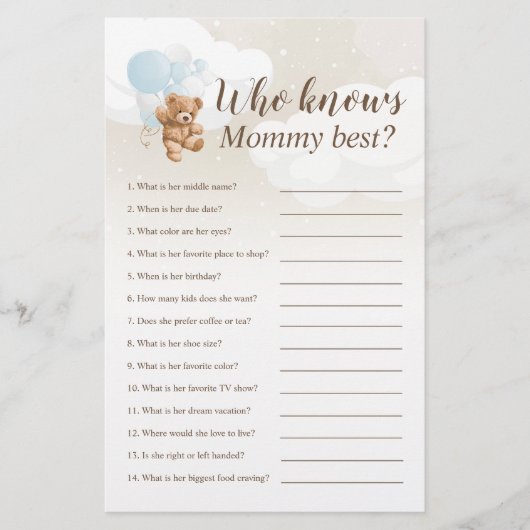 Wie kent mama Best Teddy Bear Baby shower Game Flyer (Voorkant)