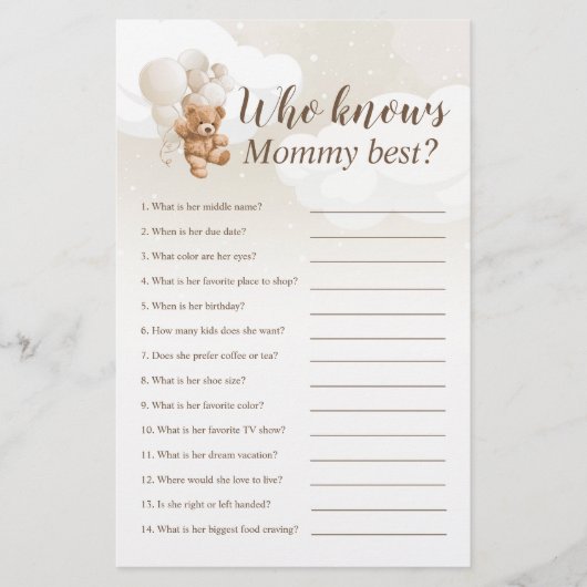 Wie kent mama Best Teddy Bear Baby shower Game Flyer (Voorkant)