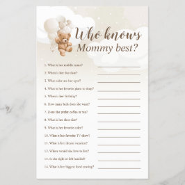 Wie kent mama Best Teddy Bear Baby shower Game Flyer