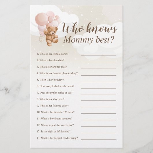 Wie kent mama Best Teddy Bear Baby shower Game Flyer (Voorkant)