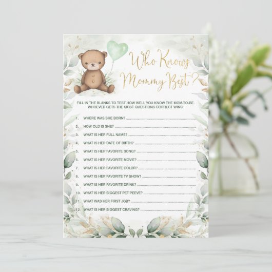 Wie kent mama Best Teddy Bear Baby shower Game Kaart (Staand voorkant)