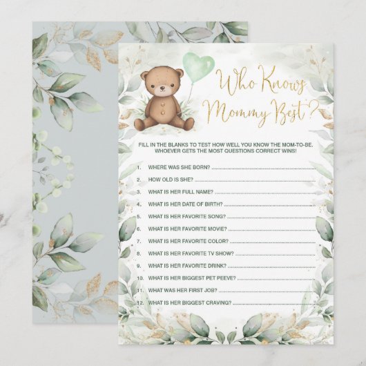 Wie kent mama Best Teddy Bear Baby shower Game Kaart (Voorkant / Achterkant)