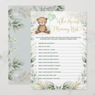 Wie kent mama Best Teddy Bear Baby shower Game Kaart