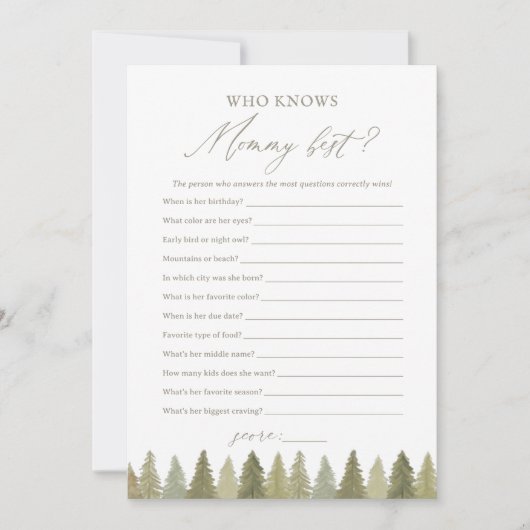 Wie kent mama Best Woodland Baby shower Game Kaart (Voorkant)