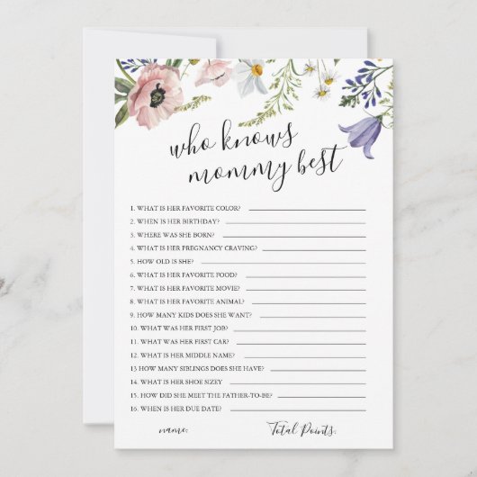 Wie kent mama beste Baby shower spel Kaart (Voorkant)