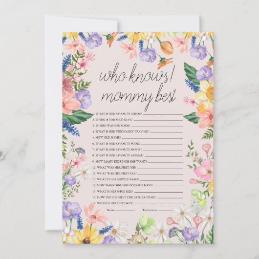 Wie kent mama beste Baby shower spel Kaart (Voorkant)