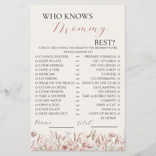 Wie kent Mama Beste Boho Bloemen Spel Flyer (Voorkant)