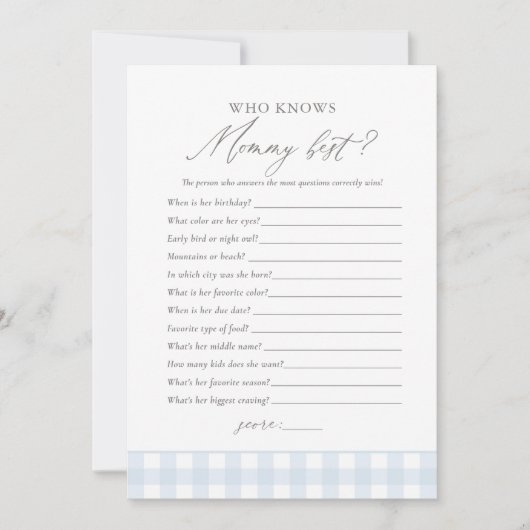 Wie kent mama beste gingham boy Baby shower spel Kaart (Voorkant)