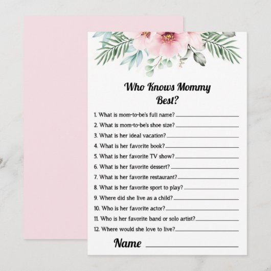 Wie kent mama beste roze Baby shower spel Kaart (Voorkant / Achterkant)