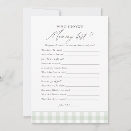 Wie kent mama beste sage gingham Baby shower spel Kaart (Voorkant)