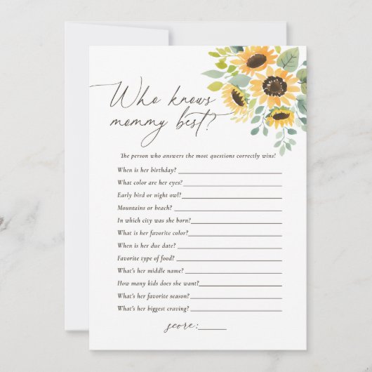Wie kent mama beste zonnebloem Baby shower spel Kaart (Voorkant)