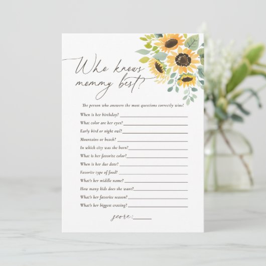 Wie kent mama beste zonnebloem Baby shower spel Kaart (Staand voorkant)