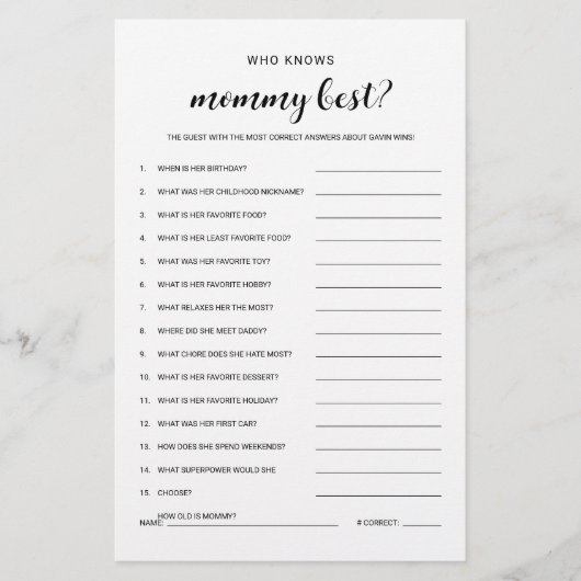 Wie kent mama budgetvriendelijk Baby shower spel Flyer