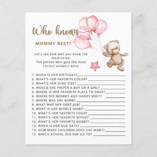 Wie kent mama het beste baby shower spel. (Voorkant)
