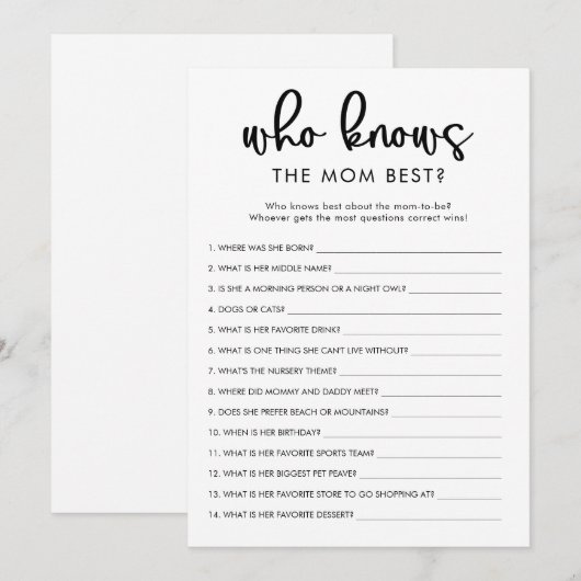 Wie kent mama het beste baby shower spel kaart (Voorkant / Achterkant)
