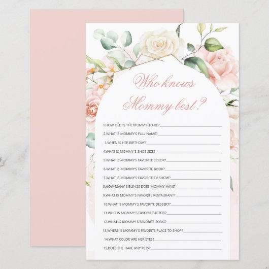 Wie kent mama het beste Blush Baby Shower Spel (Voorkant / Achterkant)