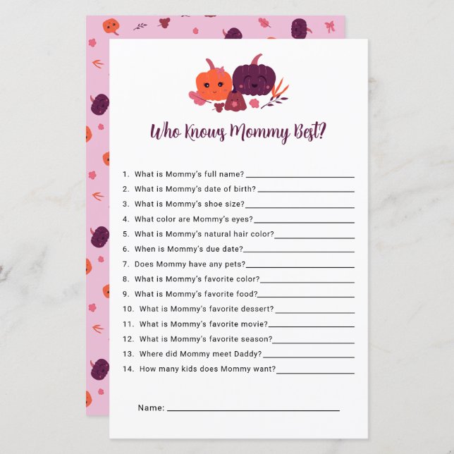 Wie kent mama het beste kleine pompoen Baby shower (Voorkant / Achterkant)