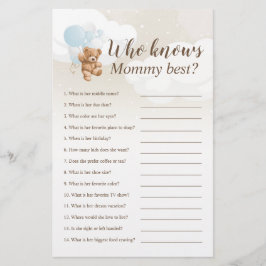 Wie kent mama het beste Teddybeer Baby Shower Spel Flyer