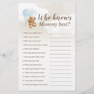 Wie kent mama het beste Teddybeer Baby Shower Spel Flyer