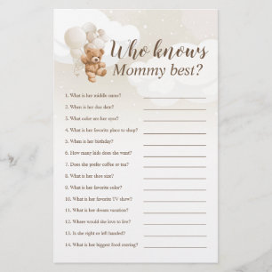 Wie kent mama het beste Teddybeer Baby Shower Spel Flyer