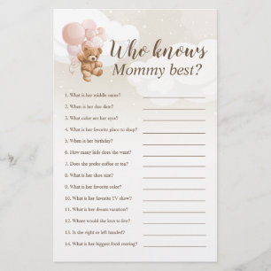 Wie kent mama het beste Teddybeer Baby Shower Spel Flyer