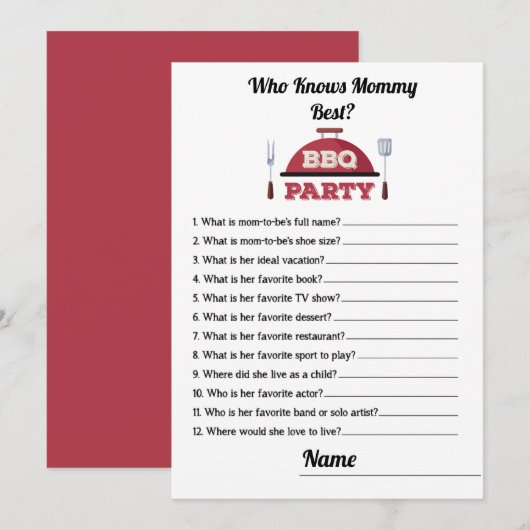 Wie kent mammie Best BBQ Baby shower Game Kaart (Voorkant / Achterkant)