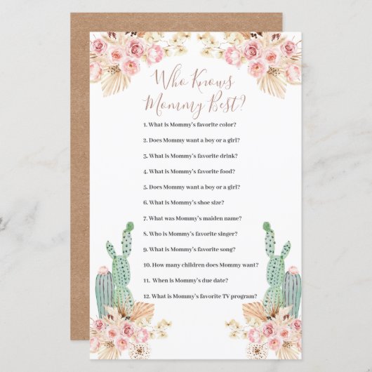 Wie kent mammie Best Game Boho Cactus Paper Sheet (Voorkant / Achterkant)