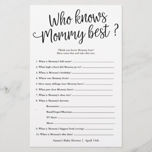 Wie kent mammie Best Shower Paper Game Kaart (Voorkant)